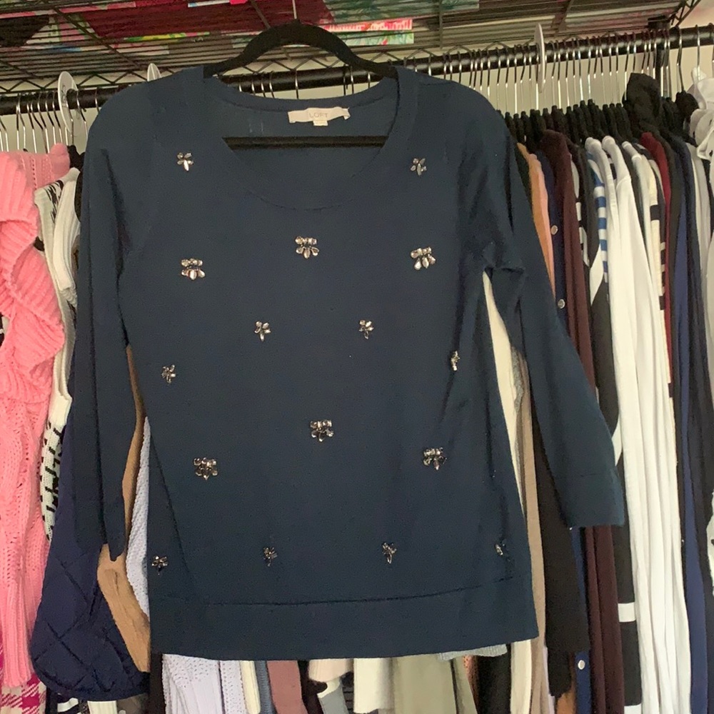 Loft bejeweled sweater medium blue